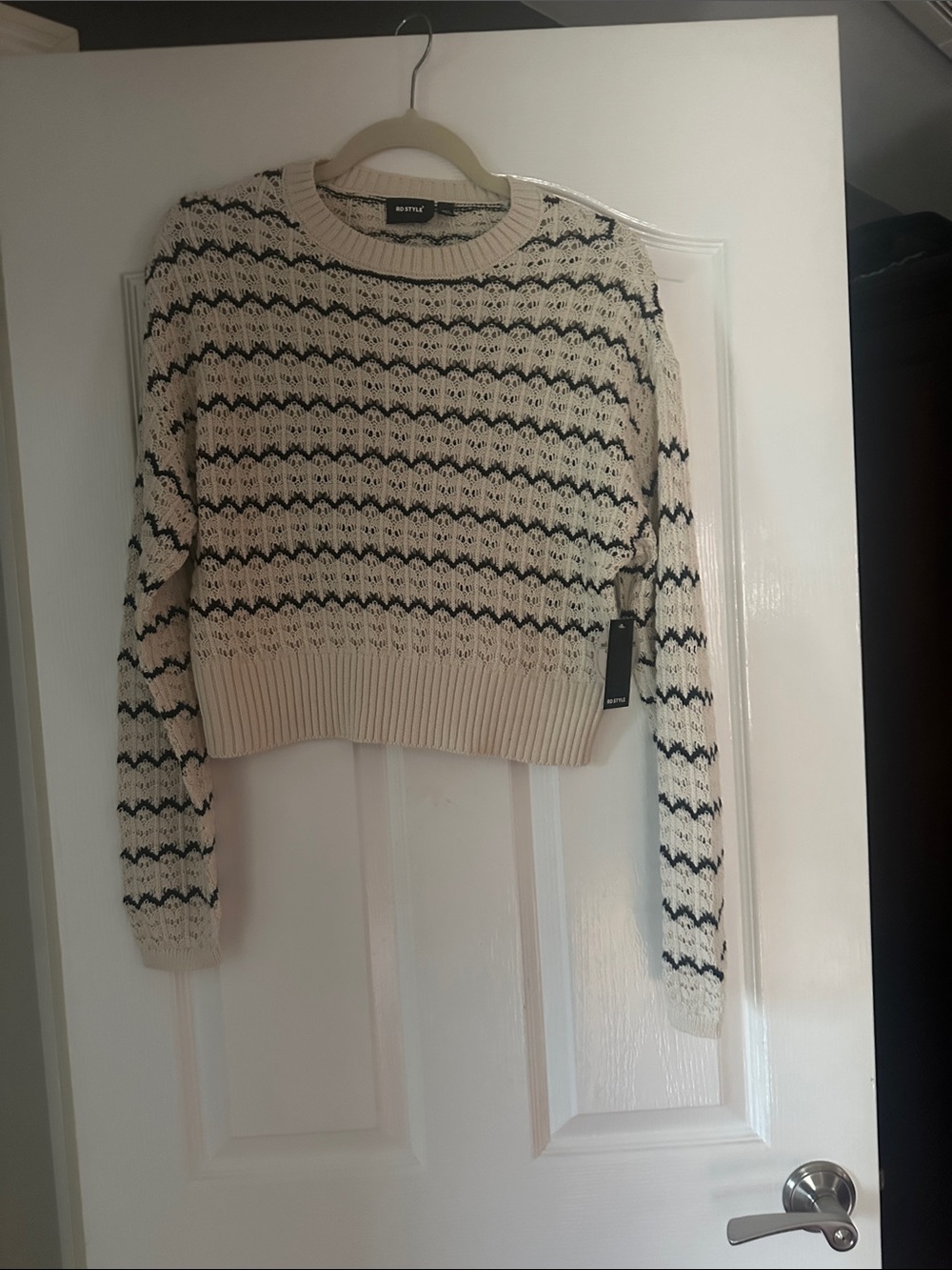 RD Style Cream and Black Striped Crochet Crewneck Sweater